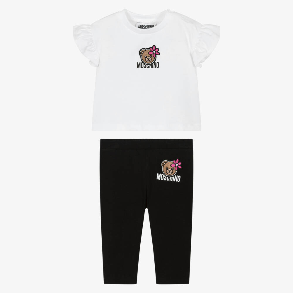 Moschino-Girls White & Black Cotton Teddy Bear Logo Leggings Set | Childrensalon