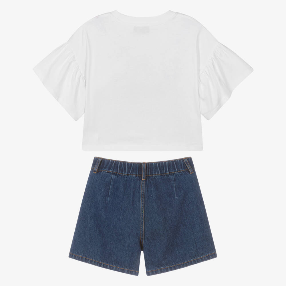 Moschino-Girls White & Blue Denim Shorts Set with 3 Bears Logo | Childrensalon
