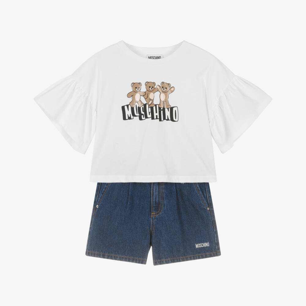 Moschino-Girls White & Blue Denim Shorts Set with 3 Bears Logo | Childrensalon