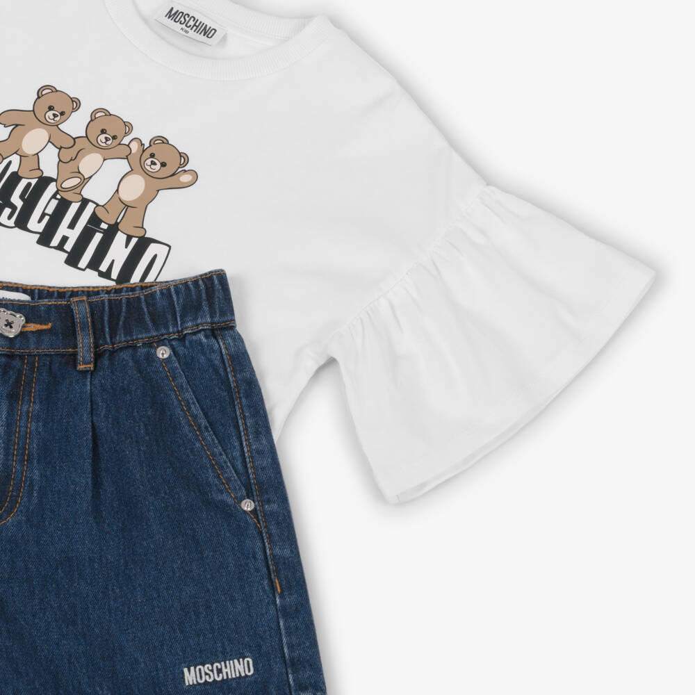 Moschino-Girls White & Blue Denim Shorts Set with 3 Bears Logo | Childrensalon