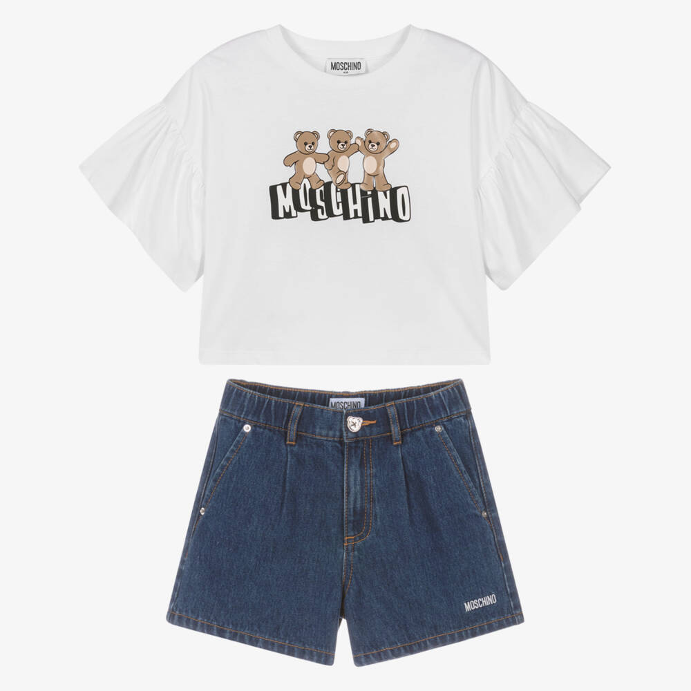 Moschino-Girls White & Blue Denim Shorts Set with 3 Bears Logo | Childrensalon