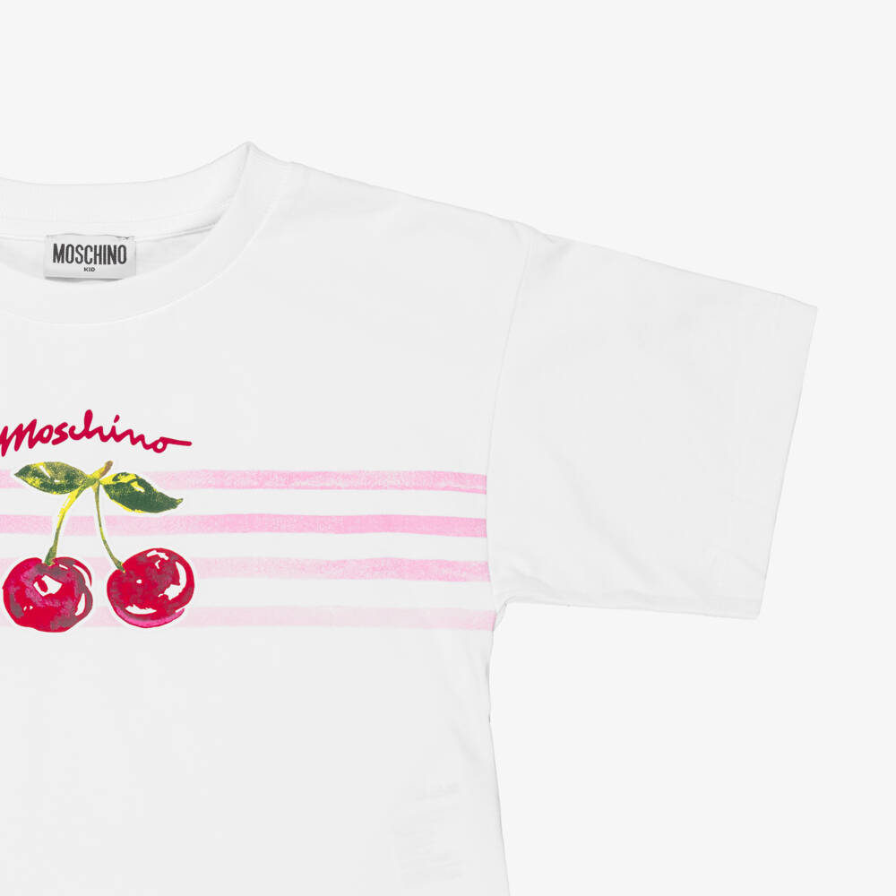 Moschino-Girls White Cotton Cherries & Logo T-Shirt | Childrensalon