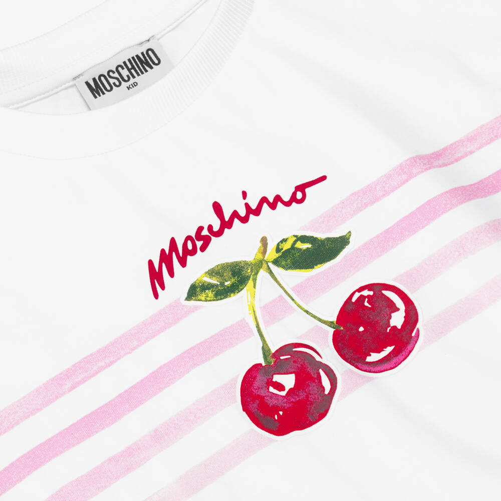 Moschino-Girls White Cotton Cherries & Logo T-Shirt | Childrensalon
