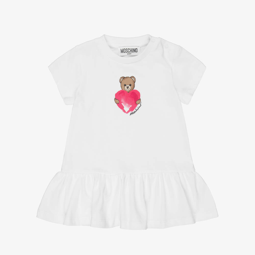 Moschino-Girls White Cotton Dress with Heart & Teddy Bear Logo | Childrensalon