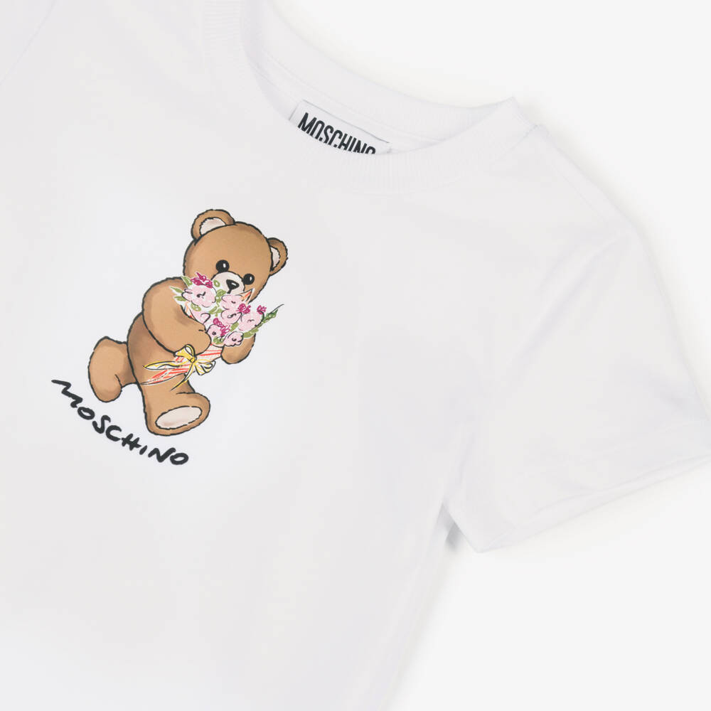 Moschino-Girls White Cotton T-Shirt with Teddy Bear Floral Print | Childrensalon