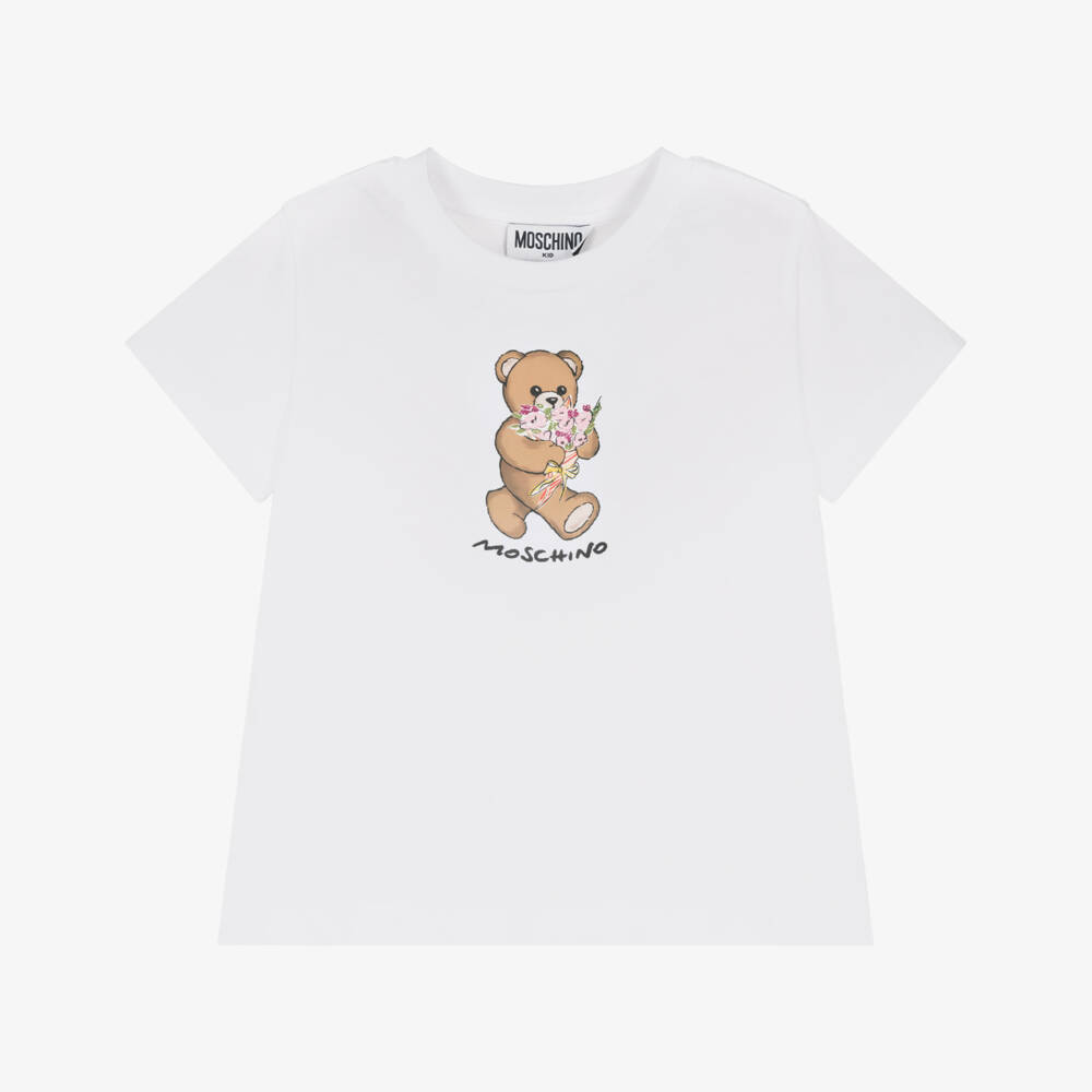 Moschino-Girls White Cotton T-Shirt with Teddy Bear Floral Print | Childrensalon