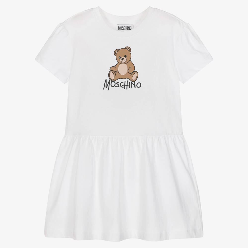 Moschino-Girls White Cotton Teddy Bear Dress | Childrensalon