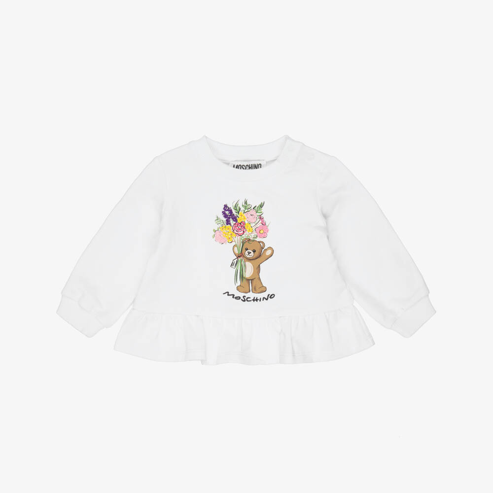 Moschino-Girls White Cotton Teddy Bear & Flowers Frilled Sweatshirt | Childrensalon