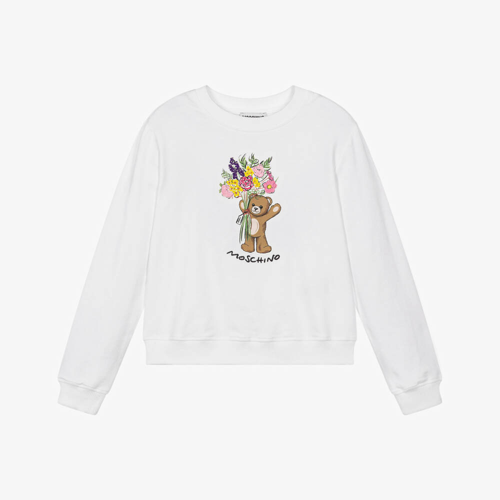 Moschino-Белый хлопковый свитшот с мишкой и цветами для девочек | Childrensalon