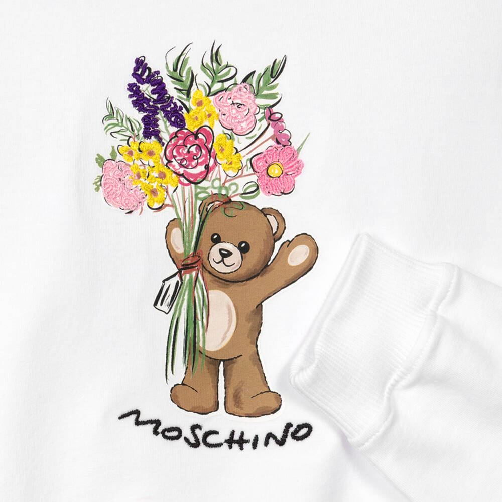 Moschino-Белый хлопковый свитшот с мишкой и цветами для девочек | Childrensalon