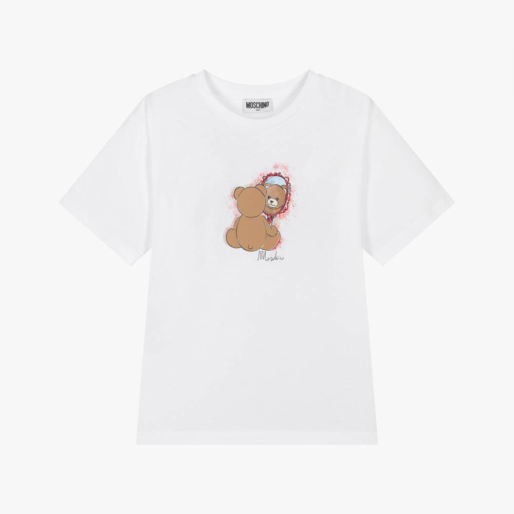 Moschino-Girls White Cotton Teddy & Mirror T-Shirt | Childrensalon