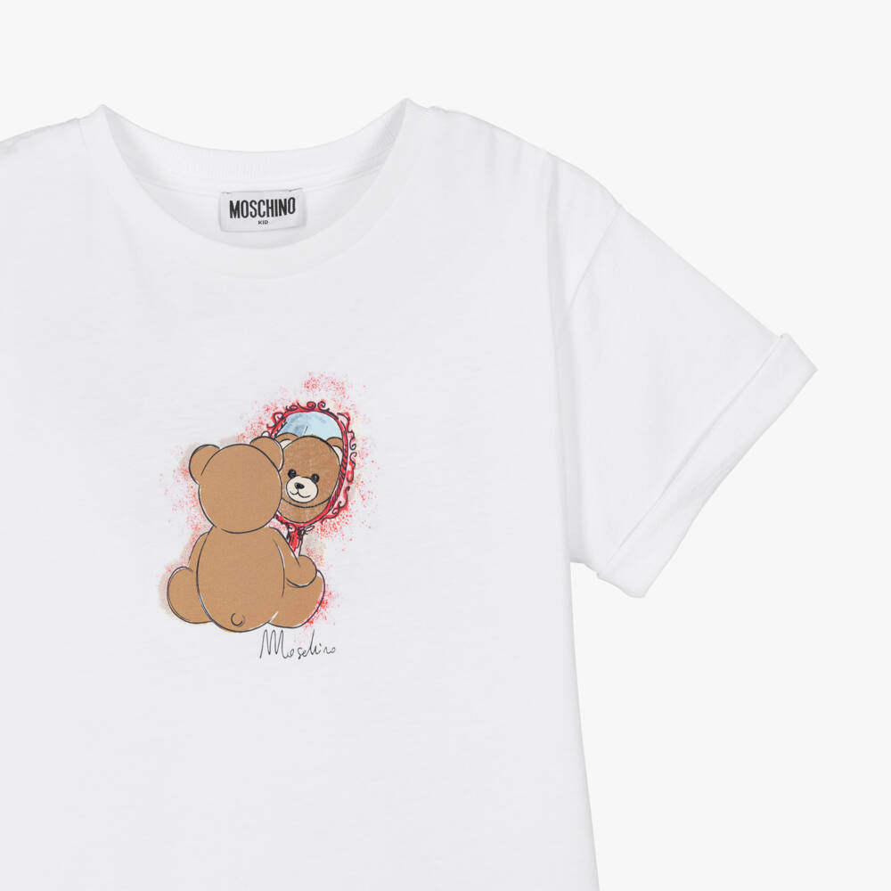 Moschino-Girls White Cotton Teddy & Mirror T-Shirt | Childrensalon
