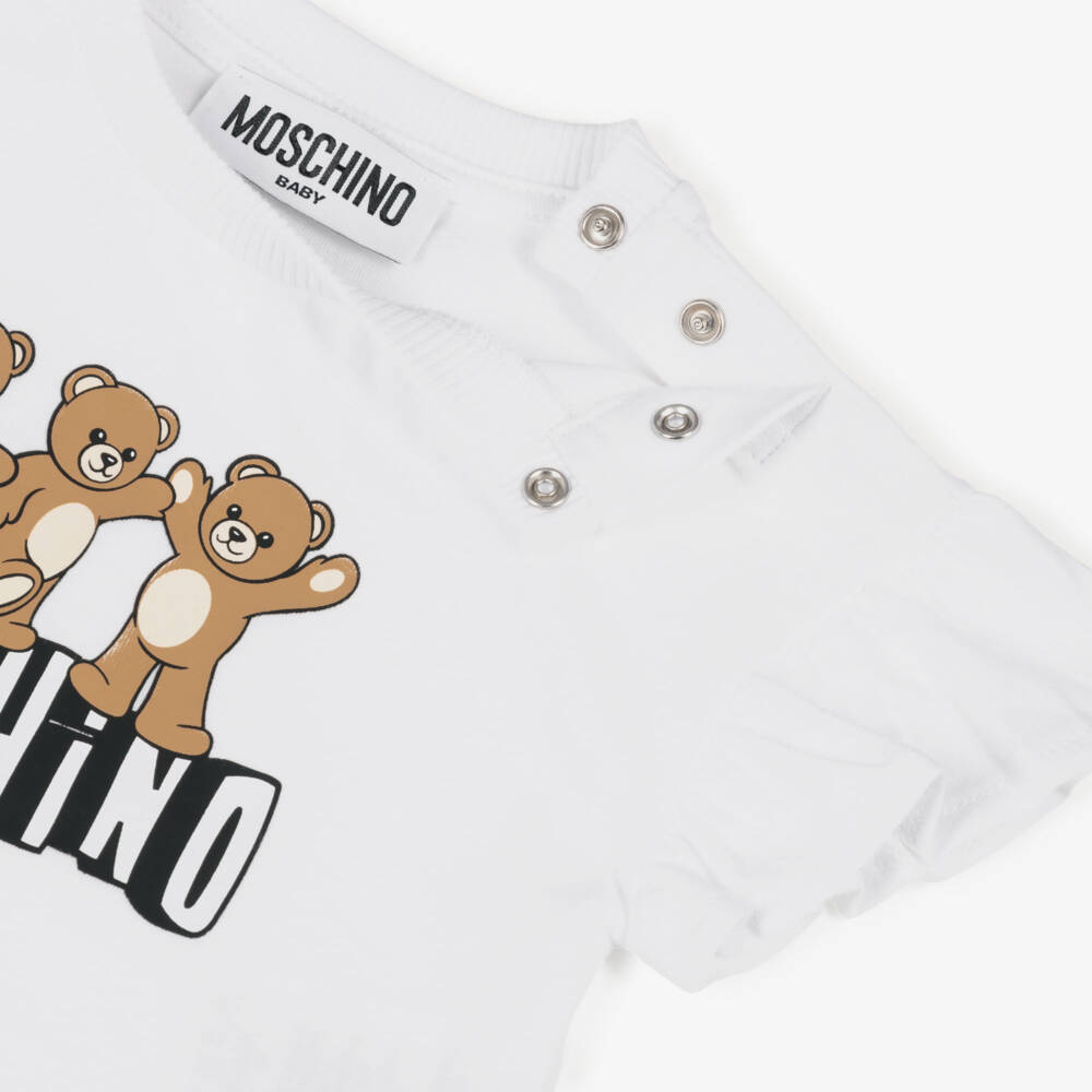 Moschino-Girls White & Pink Cotton 3 Bears Logo Skirt Set | Childrensalon
