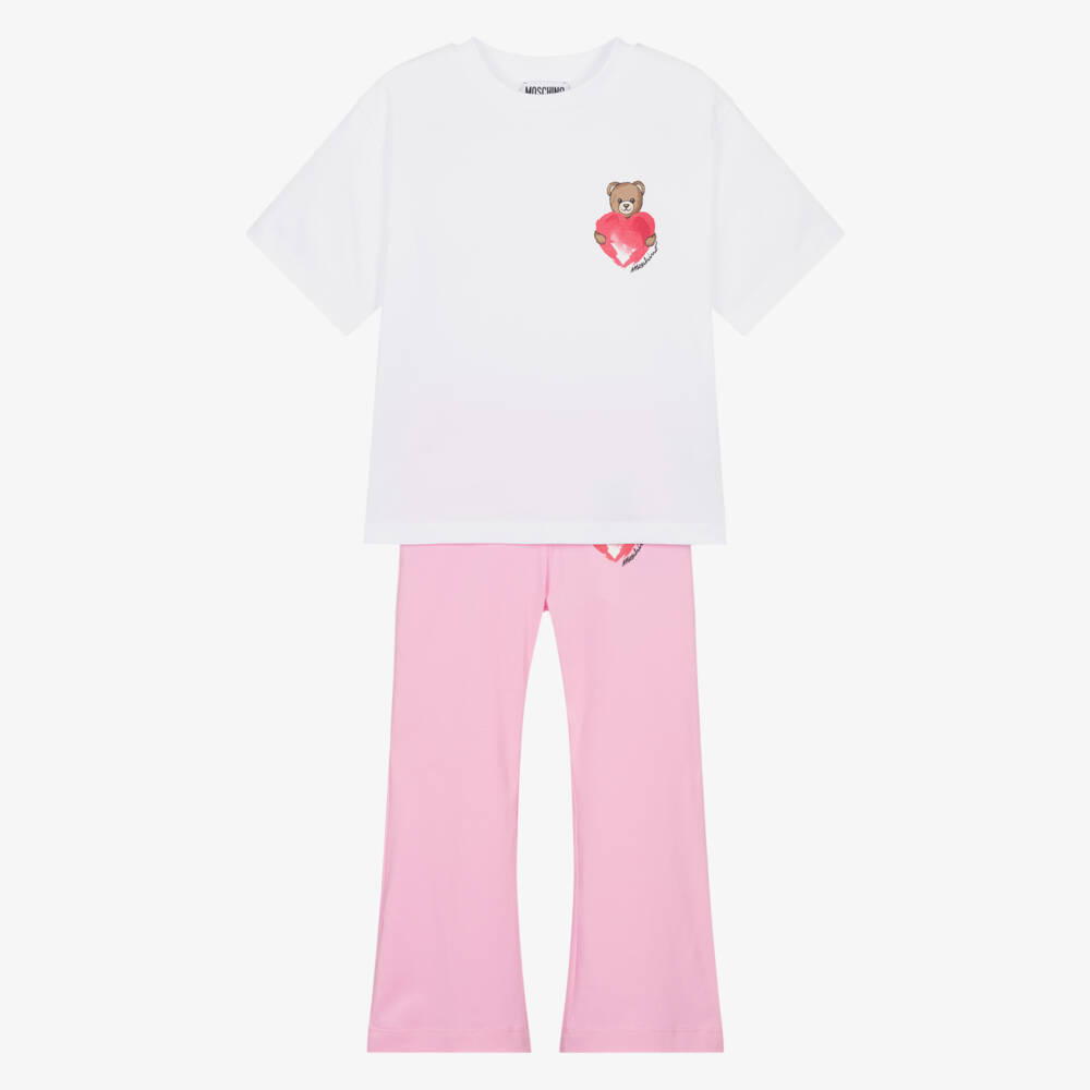Moschino-Girls White & Pink Leggings Set with Teddy Bear & Heart Logo | Childrensalon