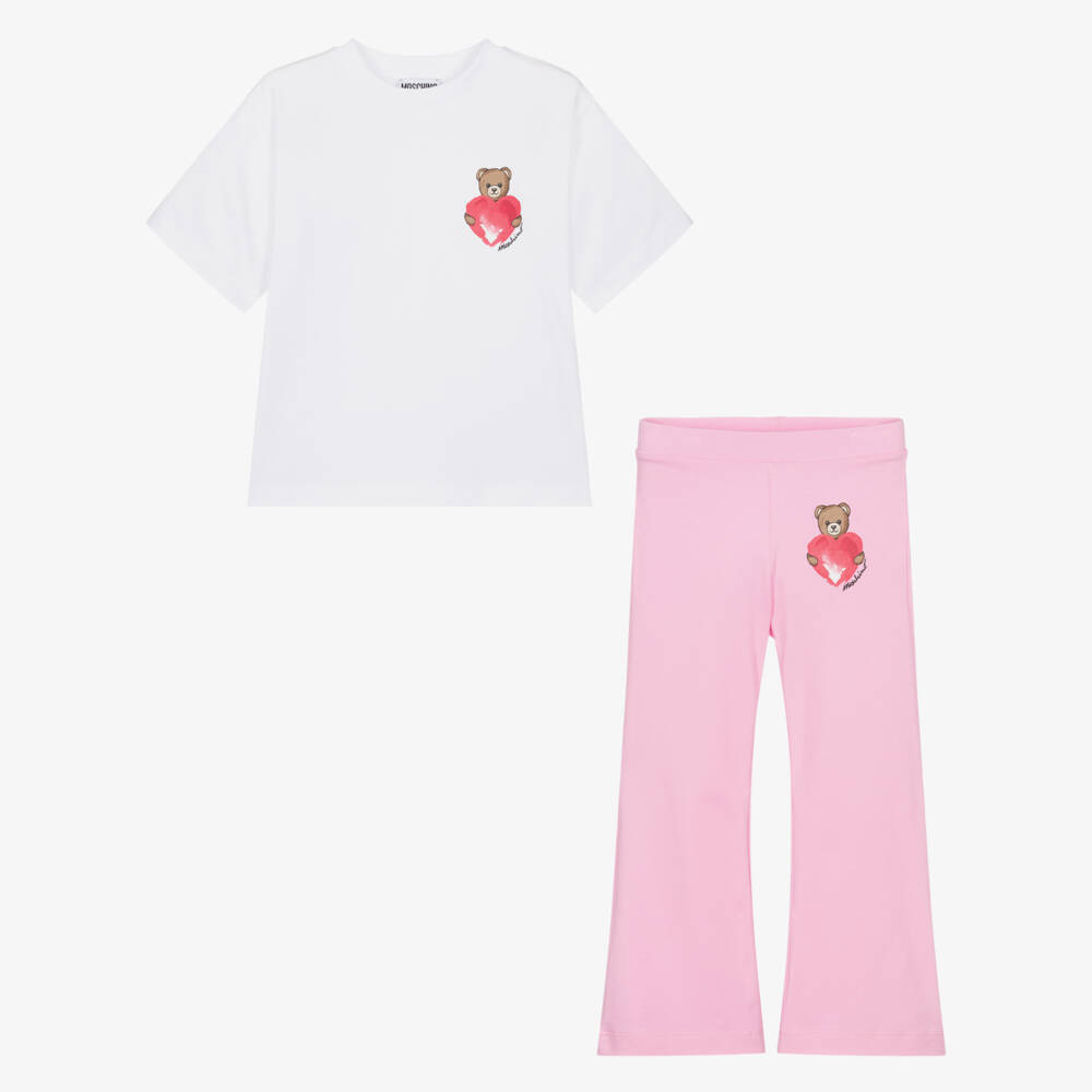 Moschino-طقم ليقنز بشعار الدب تيدي لون أبيض وزهري للبنات | Childrensalon