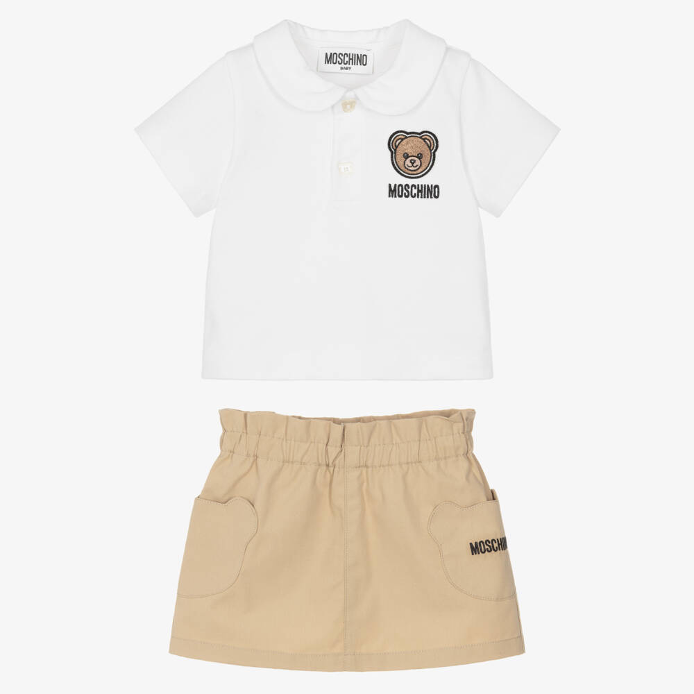 Moschino-Girls White Polo Shirt & Beige Skirt Set | Childrensalon