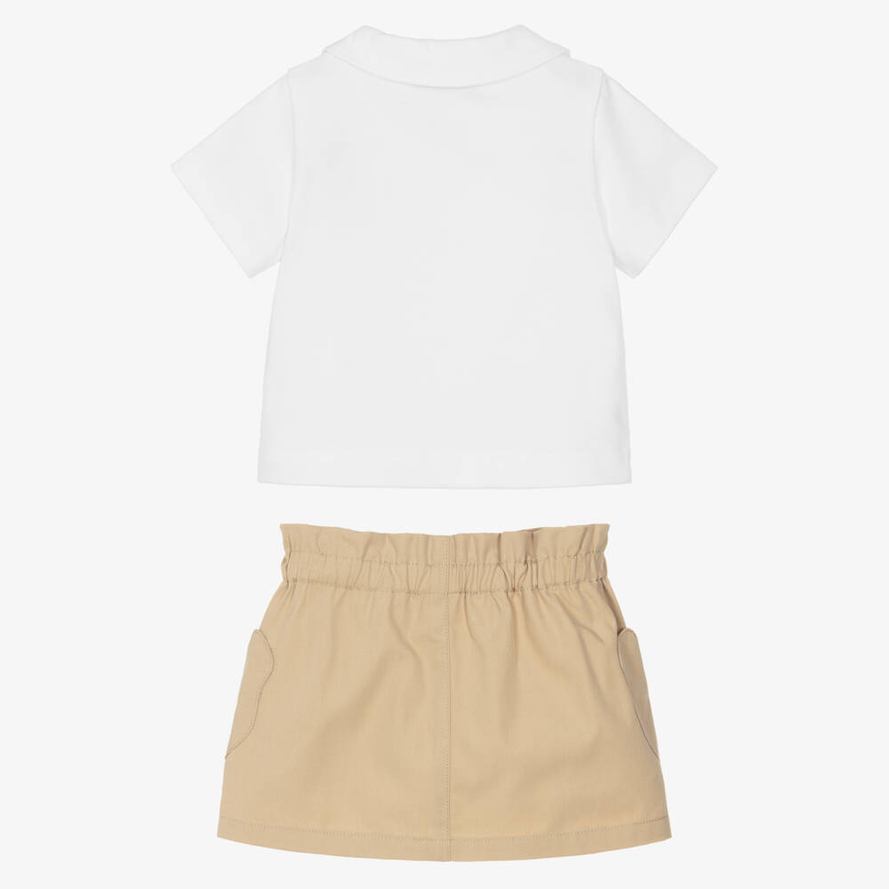 Moschino-Girls White Polo Shirt & Beige Skirt Set | Childrensalon