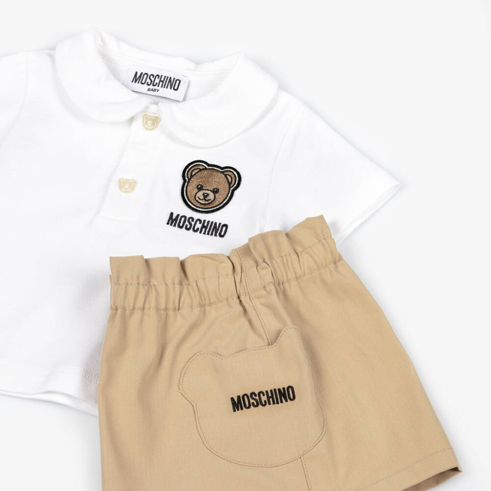 Moschino-Girls White Polo Shirt & Beige Skirt Set | Childrensalon