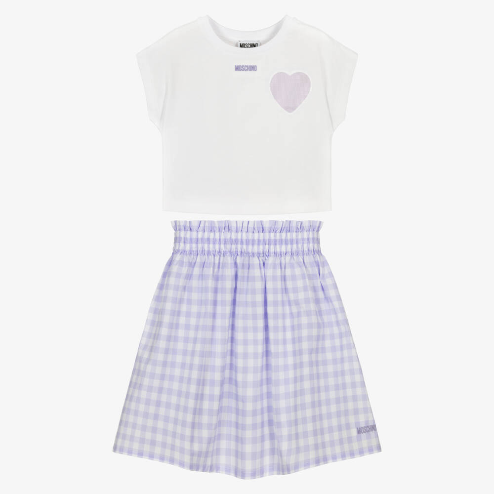 Moschino-Girls White & Purple Gingham Cotton Skirt Set | Childrensalon