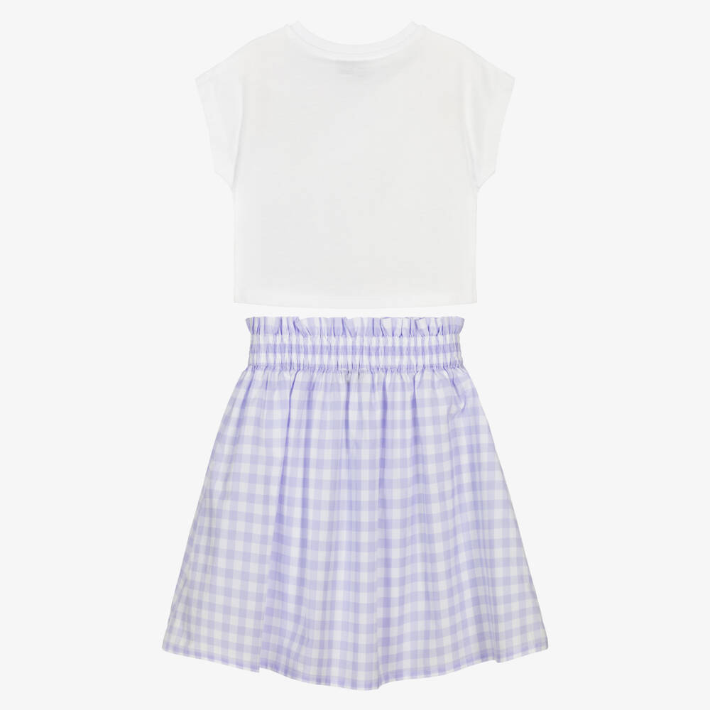 Moschino-Girls White & Purple Gingham Cotton Skirt Set | Childrensalon