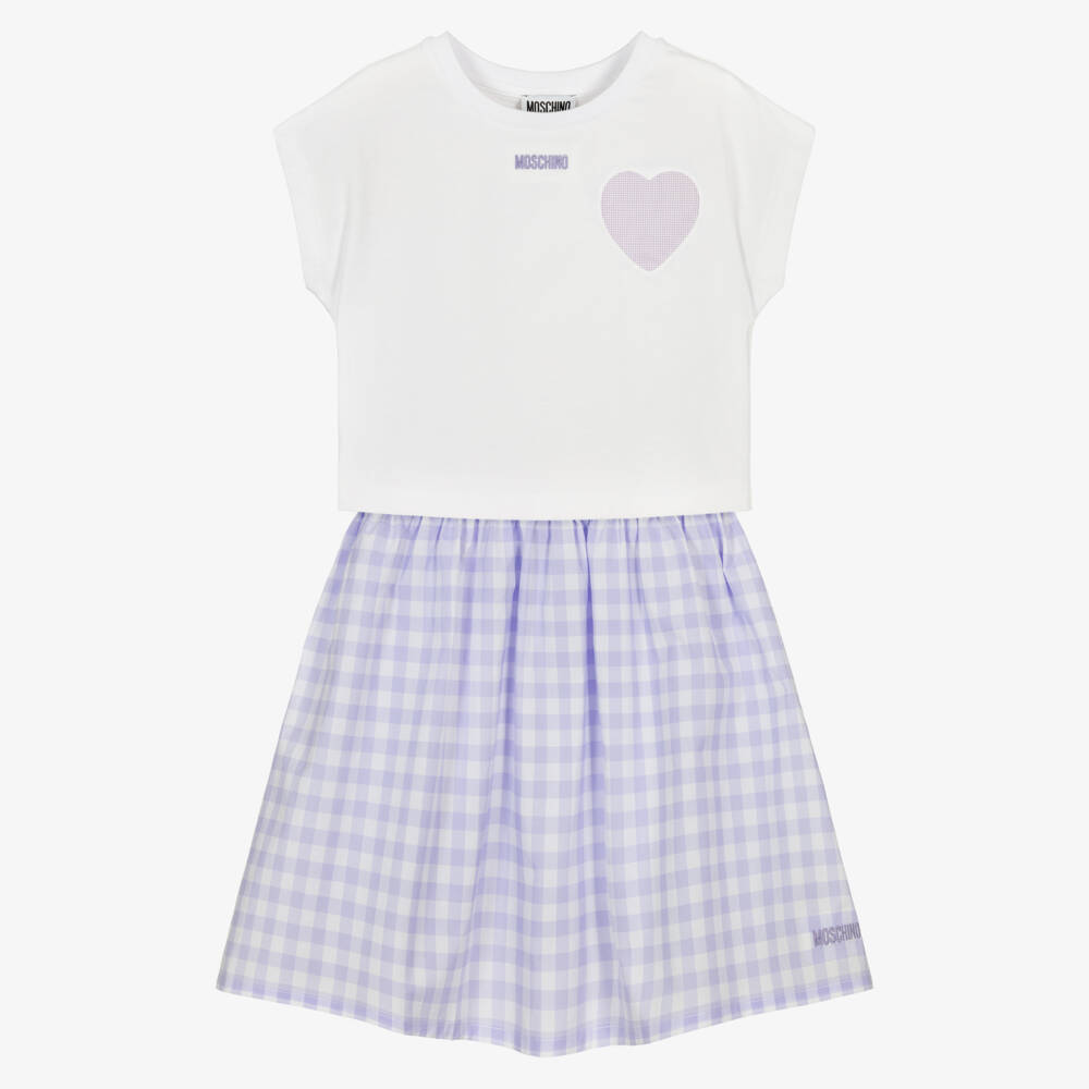 Moschino-Girls White & Purple Gingham Cotton Skirt Set | Childrensalon