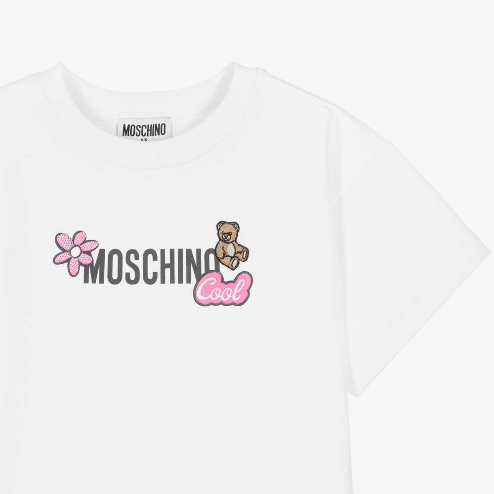 Moschino-Girls White Sweatshirt Dress with Embroidered Teddy Bear | Childrensalon