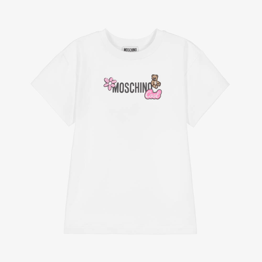 Moschino-Girls White Sweatshirt Dress with Embroidered Teddy Bear | Childrensalon