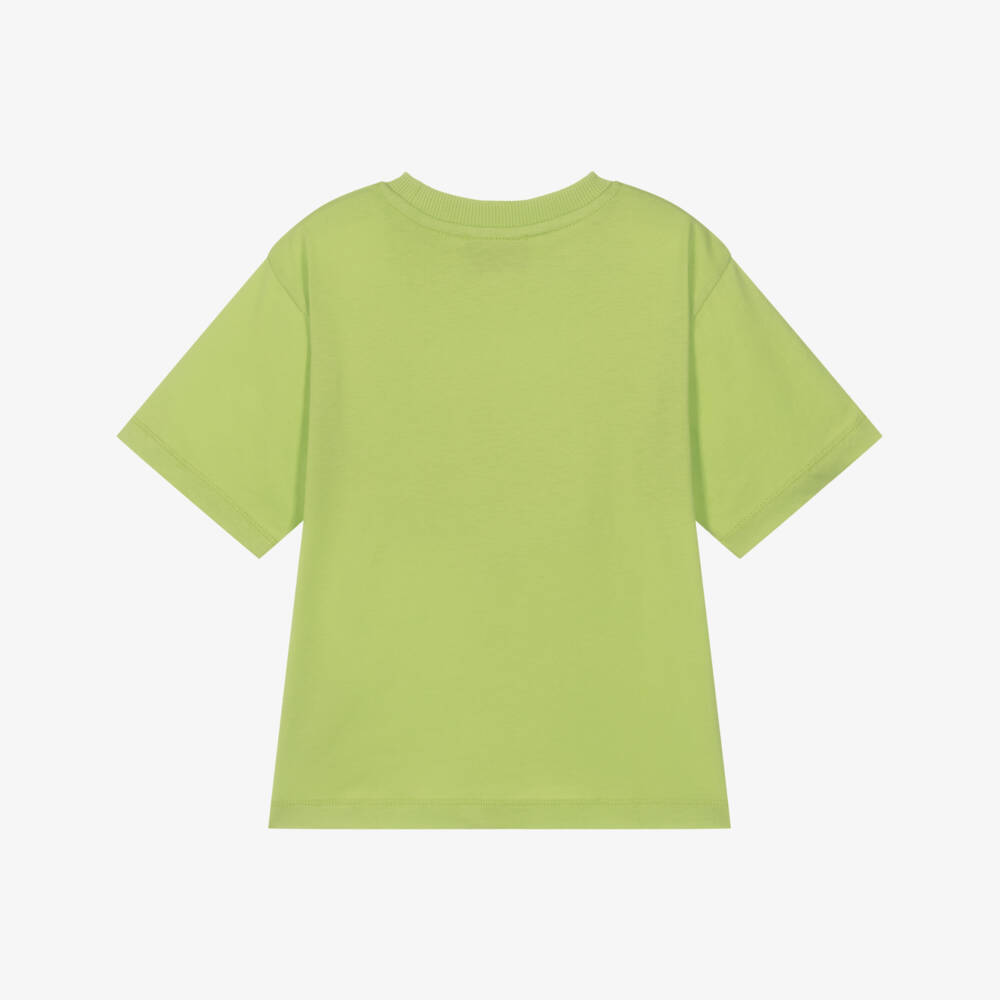 Moschino-Green Cotton T-Shirt with Triple Logo | Childrensalon
