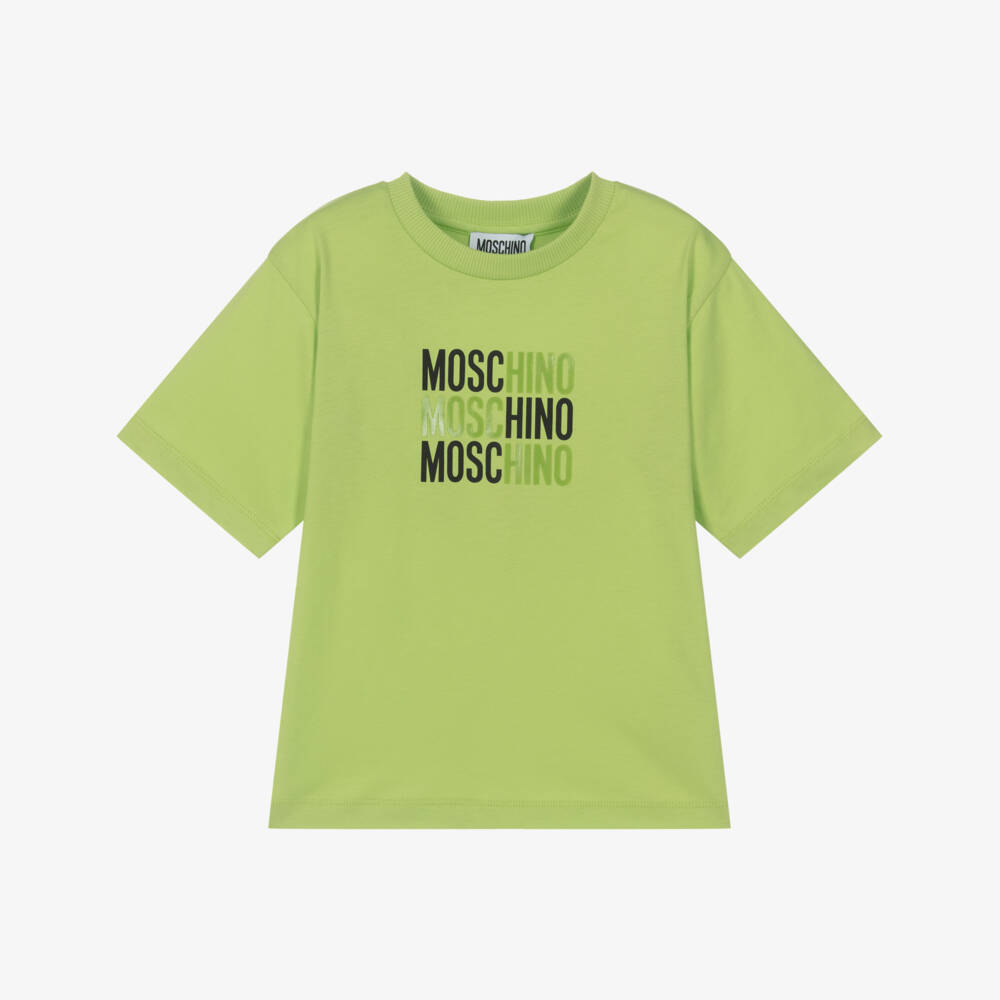 Moschino-Green Cotton T-Shirt with Triple Logo | Childrensalon