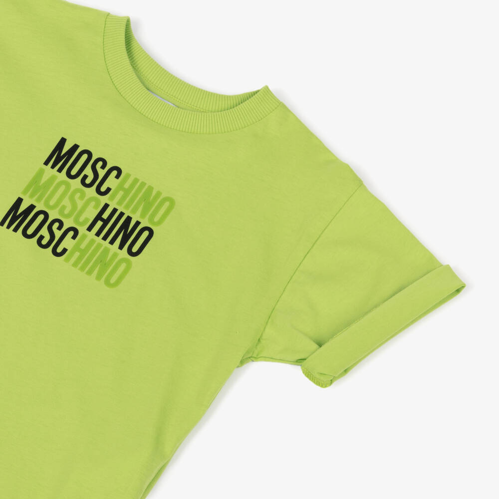 Moschino-Green Cotton T-Shirt with Triple Logo | Childrensalon