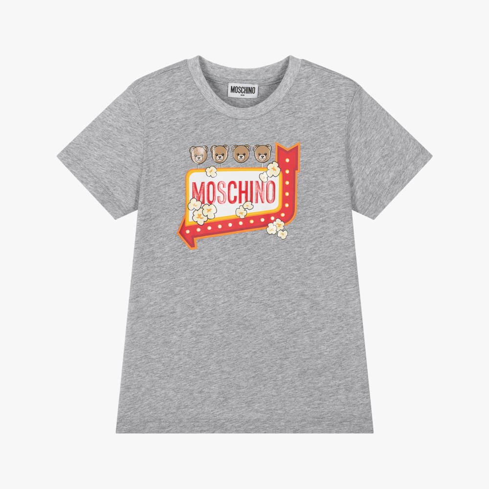 Moschino-Grey Marl Cotton T-Shirt with Popcorn Graphic | Childrensalon