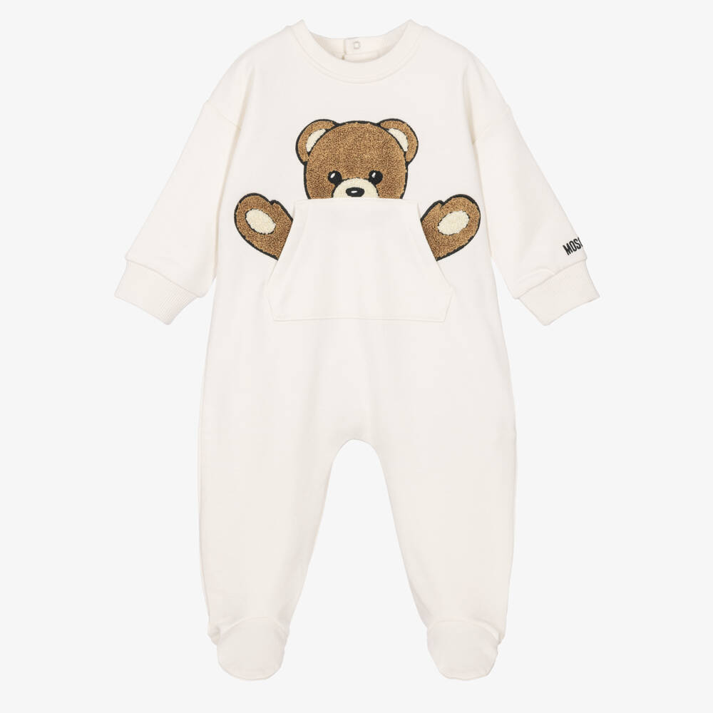 Moschino-Ivory Cotton Babygrow with Embroidered Bear | Childrensalon