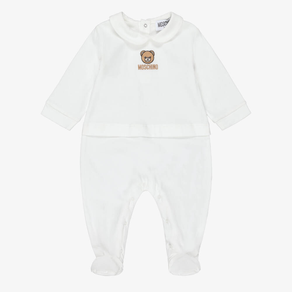 Moschino-Ivory Cotton Babygrow with Embroidered Teddy Bear Logo | Childrensalon