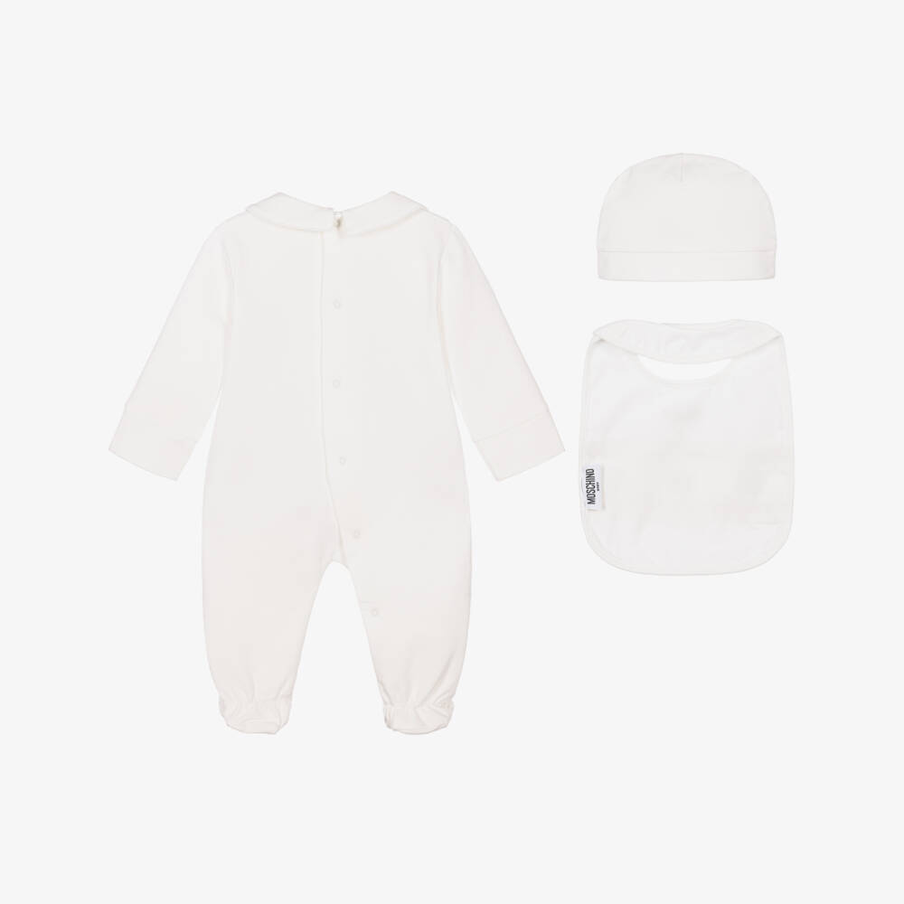 Moschino-Ivory Cotton Babysuit Set with Trio of Bears | Childrensalon