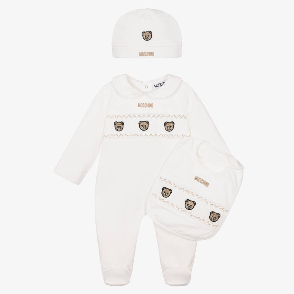 Moschino-Ivory Cotton Babysuit Set with Trio of Bears | Childrensalon