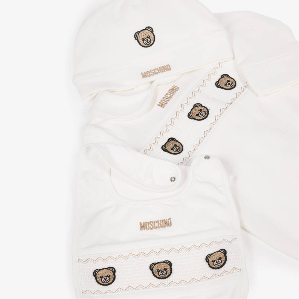 Moschino-Ivory Cotton Babysuit Set with Trio of Bears | Childrensalon