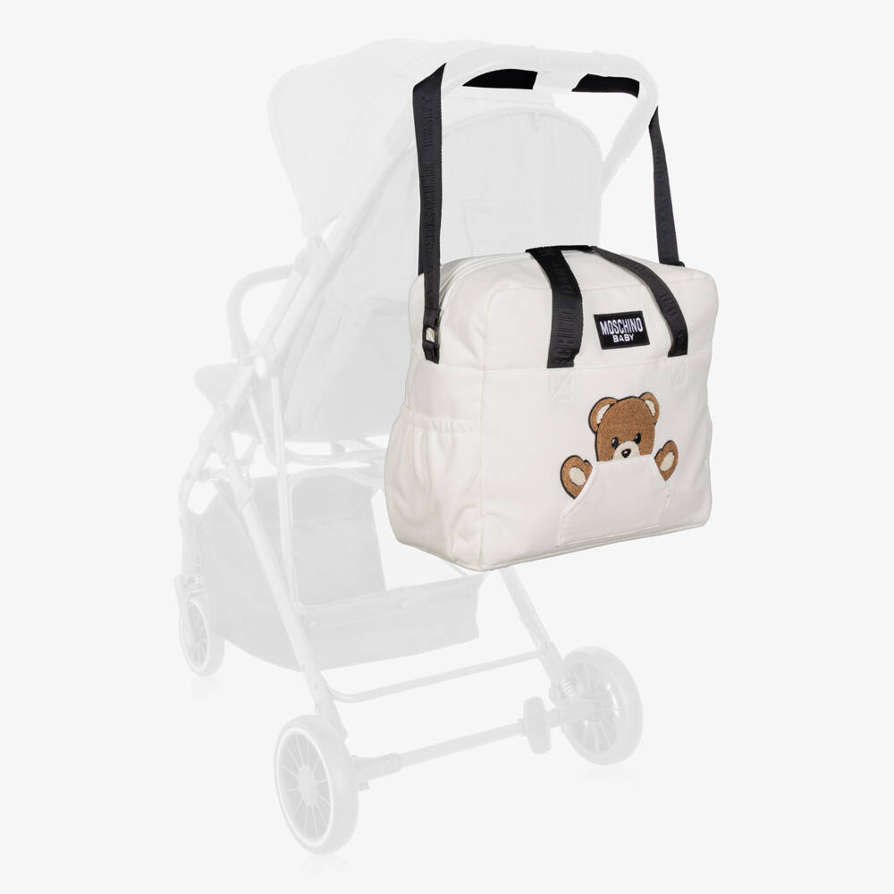 Moschino-Ivory Cotton Changing Bag with Peeking Teddy Bear (42cm) | Childrensalon