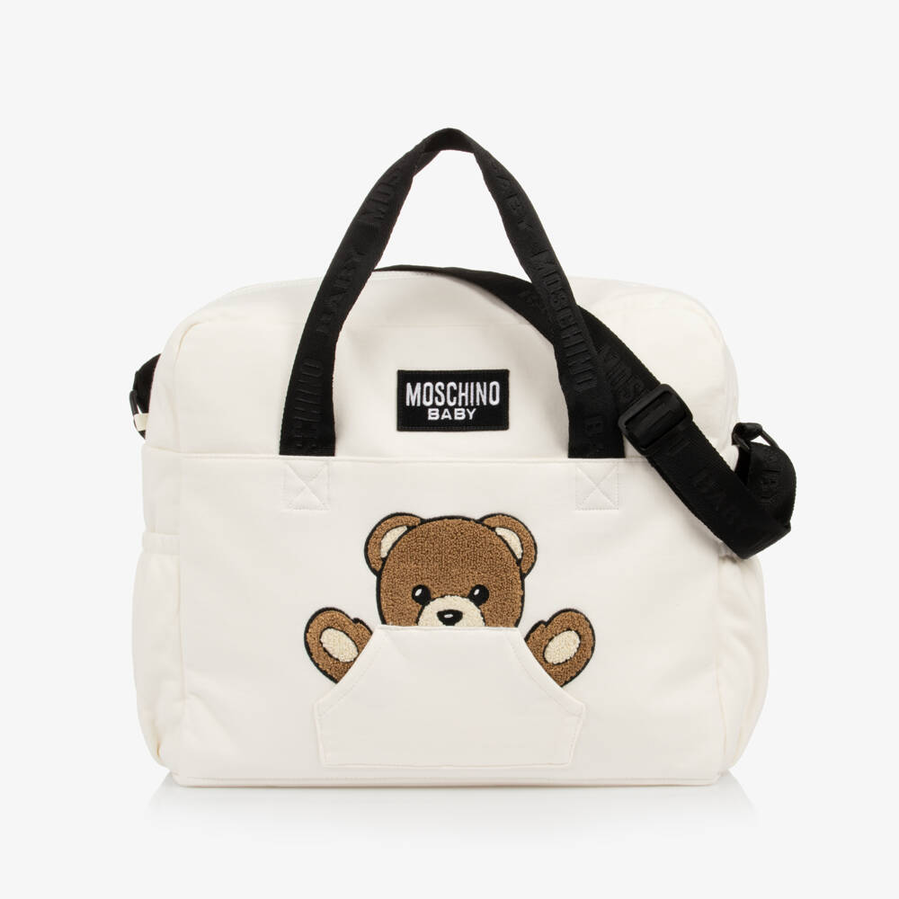 Moschino-Ivory Cotton Changing Bag with Peeking Teddy Bear (42cm) | Childrensalon