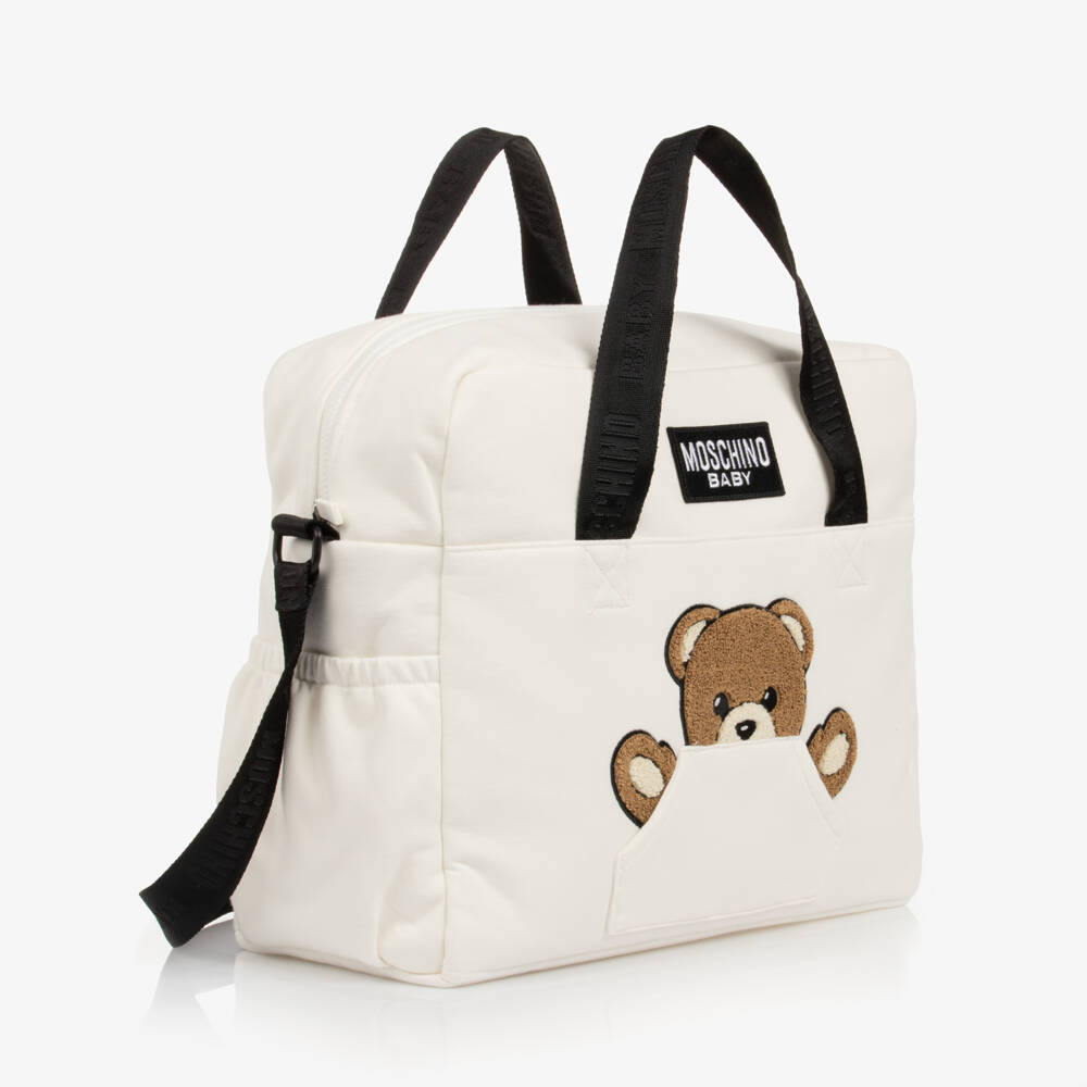 Moschino-Ivory Cotton Changing Bag with Peeking Teddy Bear (42cm) | Childrensalon
