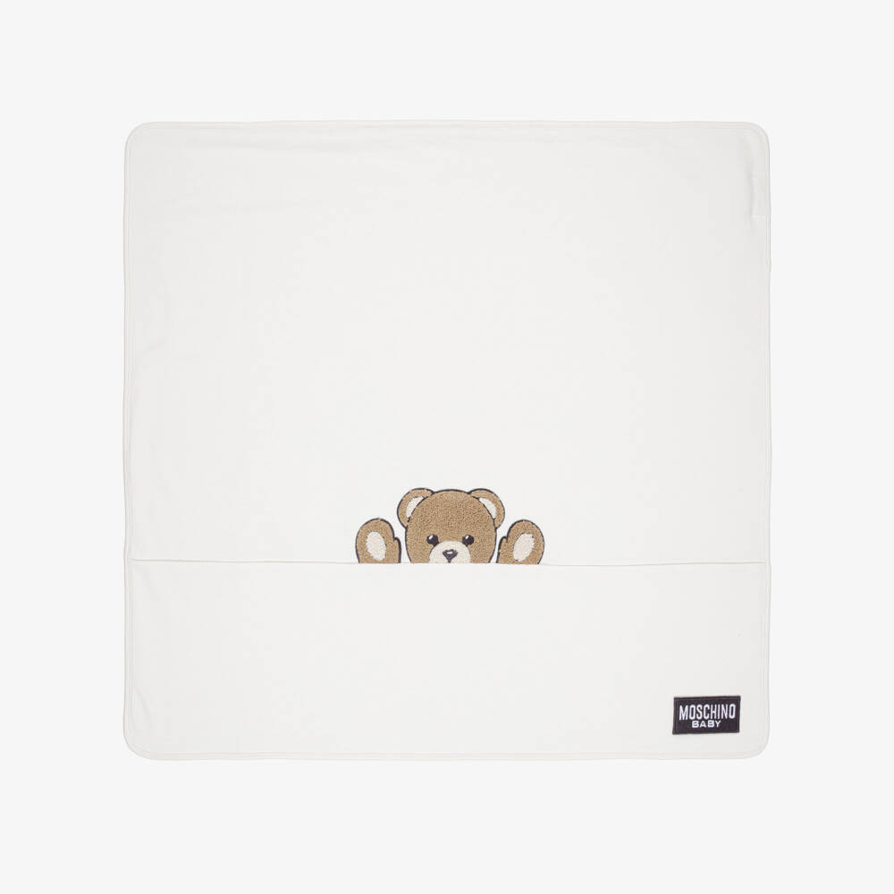 Moschino-Ivory Cotton Jersey Blanket with Peeking Teddy (70cm) | Childrensalon