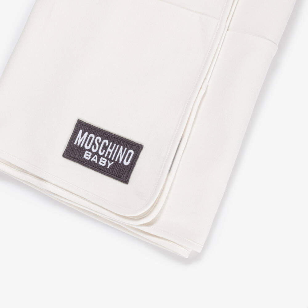 Moschino-Ivory Cotton Jersey Blanket with Peeking Teddy (70cm) | Childrensalon