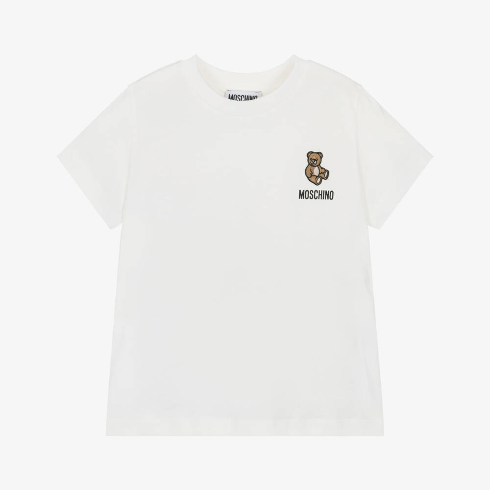 Moschino-Ivory Cotton Jersey T-Shirt with Embroidered Teddy Bear Logo | Childrensalon