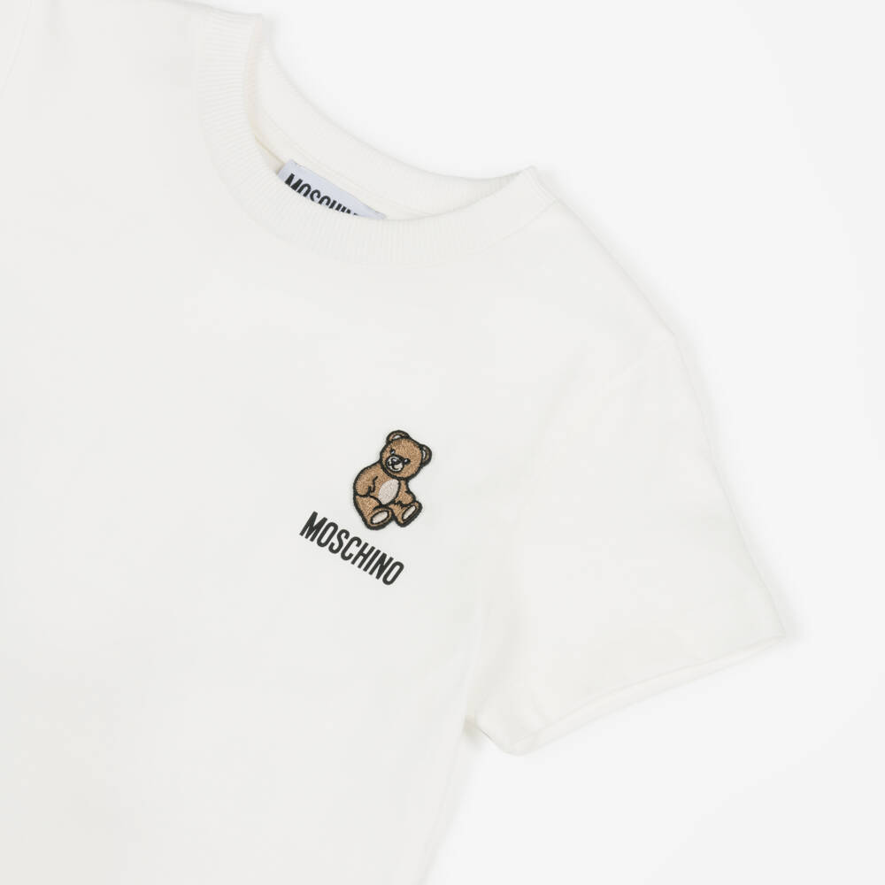 Moschino-Ivory Cotton Jersey T-Shirt with Embroidered Teddy Bear Logo | Childrensalon