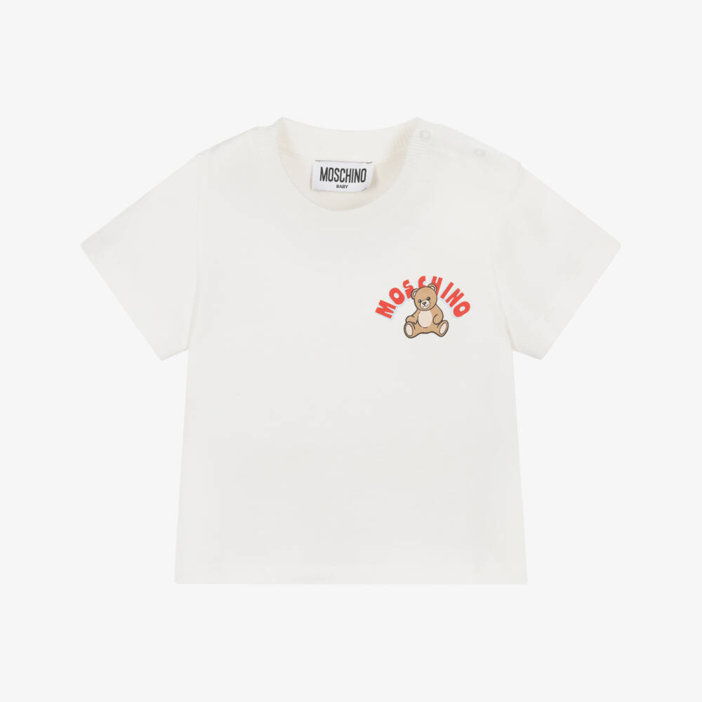 Moschino-Ivory Cotton Jersey T-Shirt with Teddy Bear Logo Motif | Childrensalon