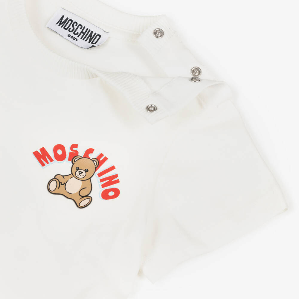 Moschino-Ivory Cotton Jersey T-Shirt with Teddy Bear Logo Motif | Childrensalon