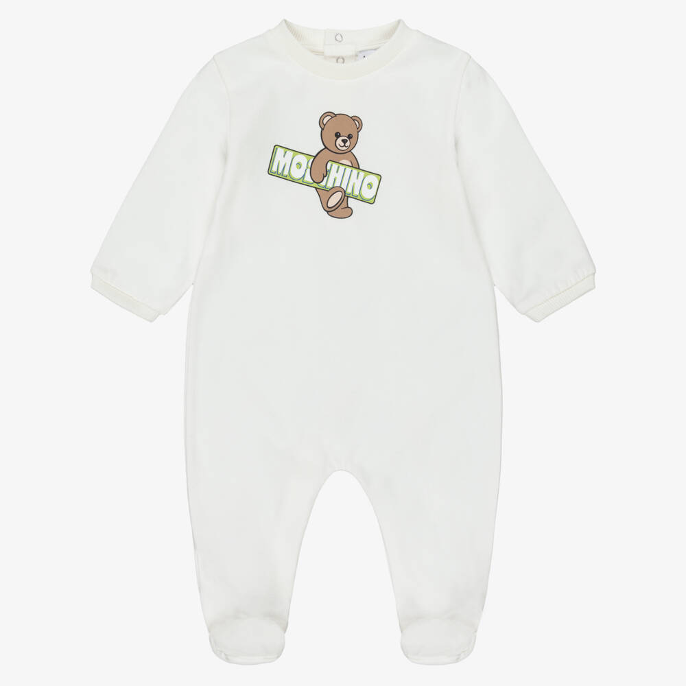 Moschino-Ivory Cotton Piqué Babygrow with Teddy Bear Logo | Childrensalon