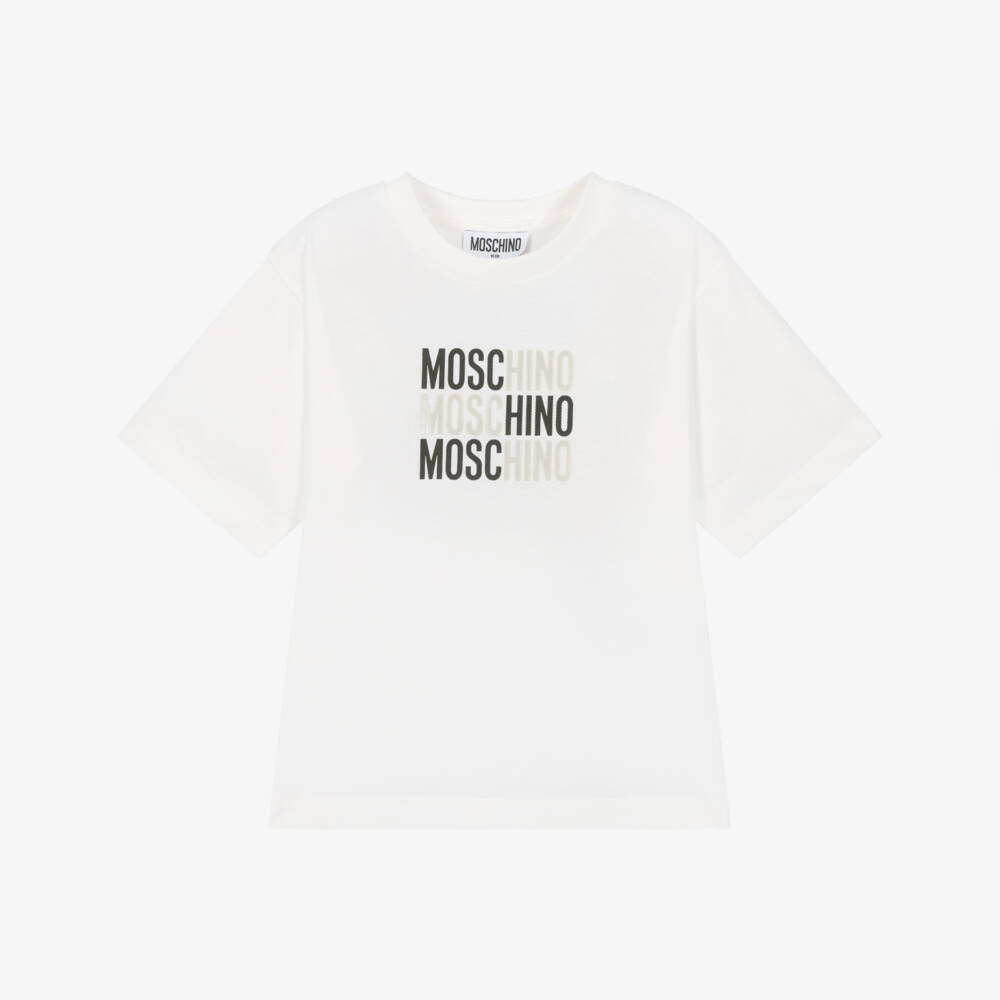 Moschino-Ivory Cotton T-Shirt with Triple Logo | Childrensalon