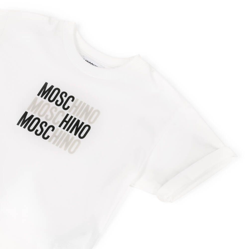Moschino-Ivory Cotton T-Shirt with Triple Logo | Childrensalon