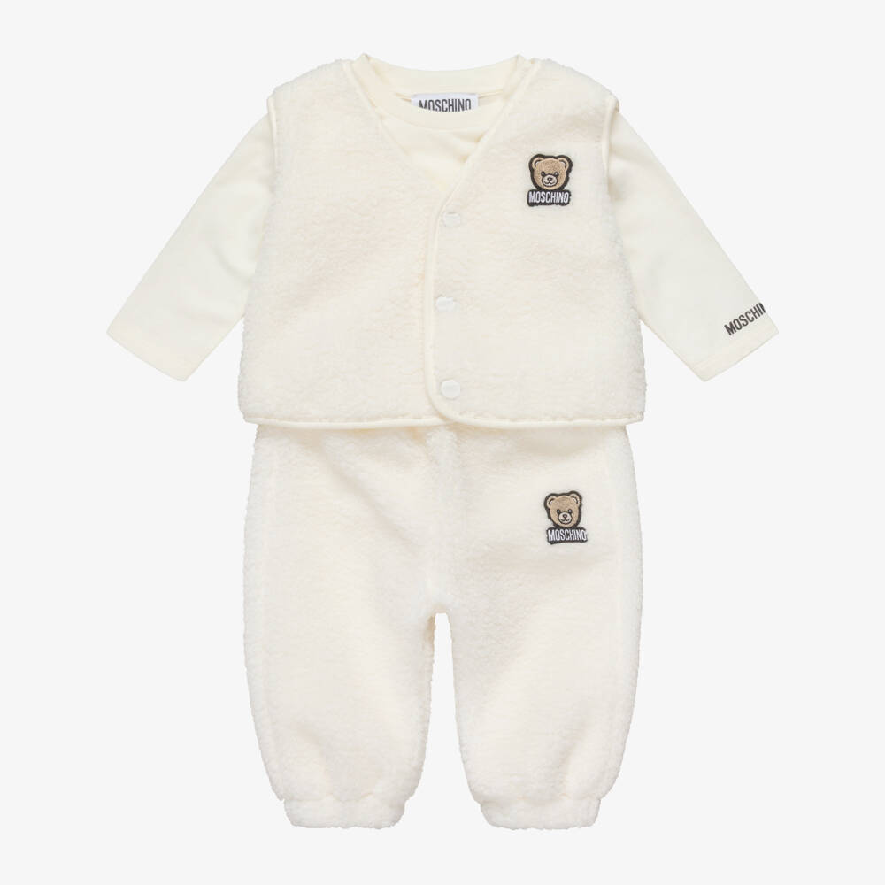 Moschino-Ivory Sherpa Gilet & Trouser Set with Teddy Bear Motif | Childrensalon