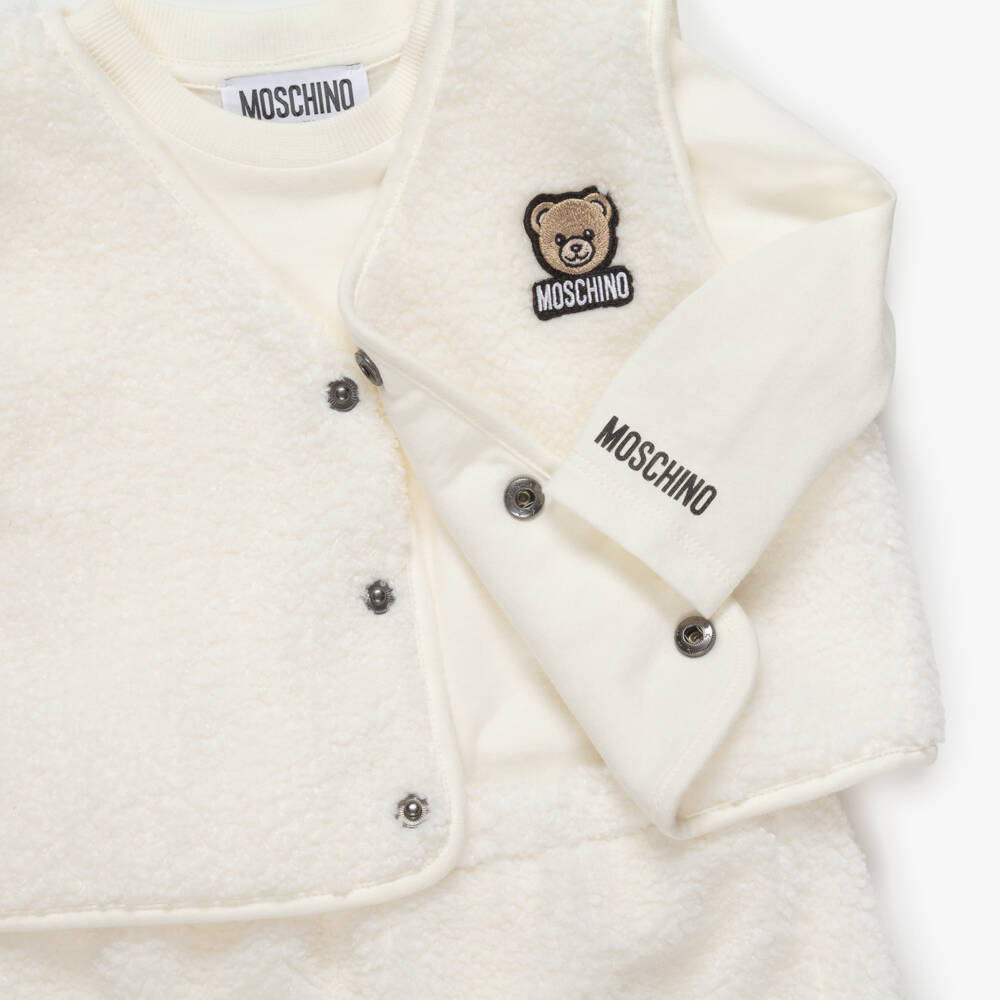 Moschino-Ivory Sherpa Gilet & Trouser Set with Teddy Bear Motif | Childrensalon